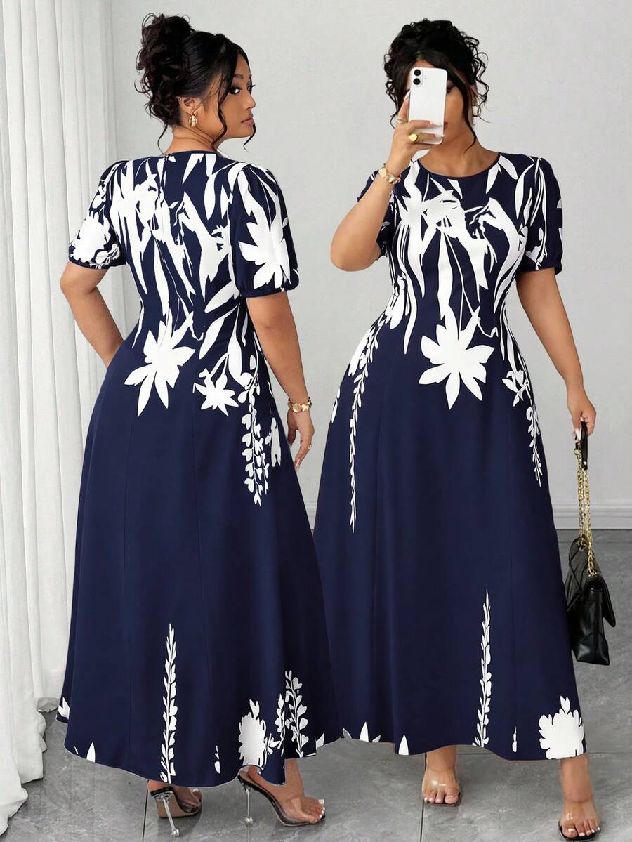 Elenzga Plus Size Women Elegant A-Line Waist Cinched Midi Dress, Flattering For Everyday & Commute - Navy Blue - View 1