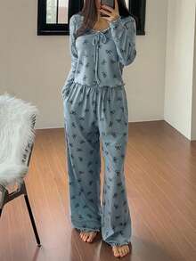 DAZY Lace Patchwork Bow Print Ruched Wavy Hem Top & Pants Pajama Set, Sweet, Fall & Winter Clothes - Blue - View 6