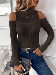 SHEIN Clasi Suéter de mujer de invierno con diseño de manga calada y elegante parche de encaje para fiestas, trabajo y salir - Café integral - Ver 4