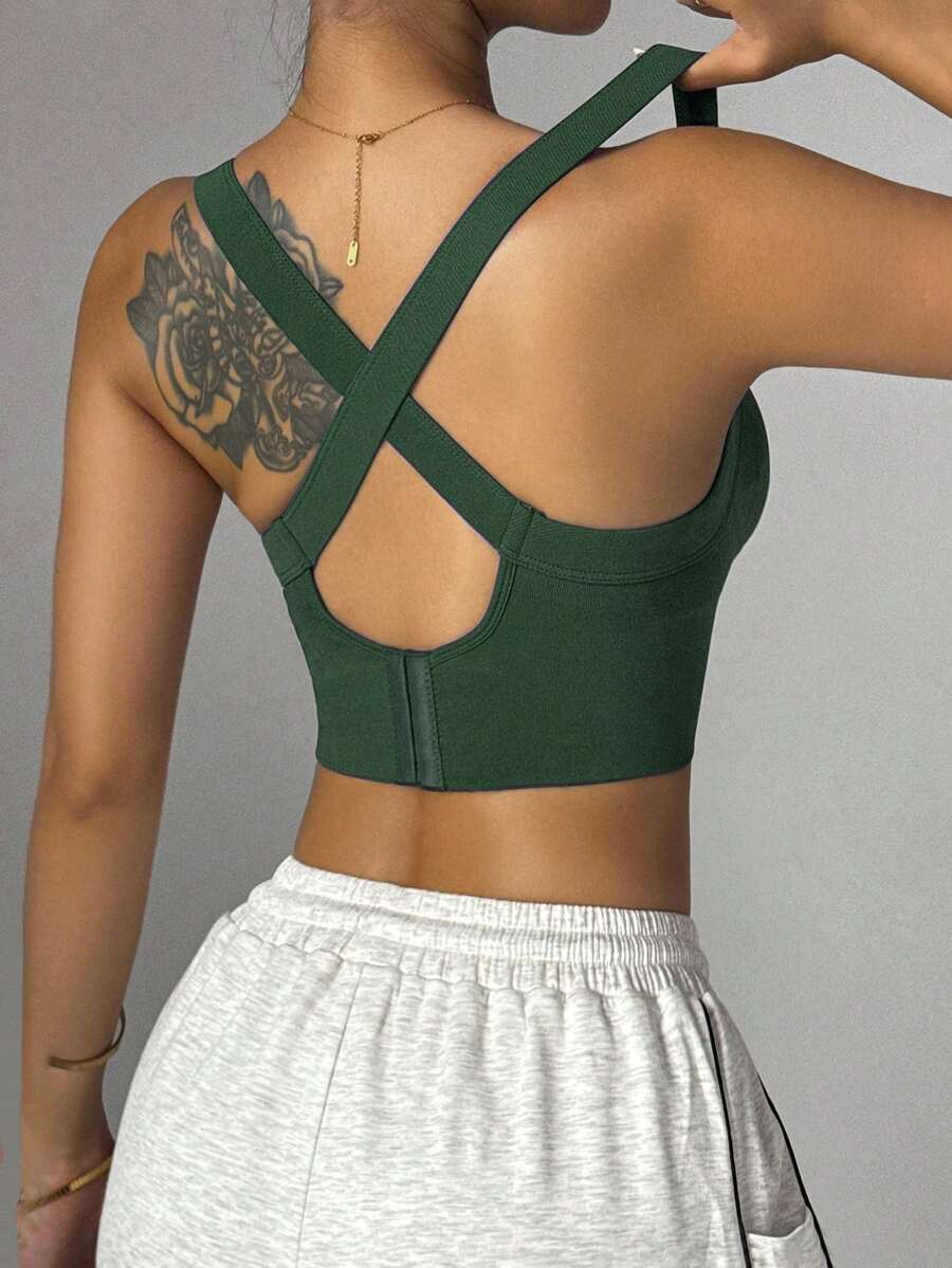 Slayform 女士纯色交叉露背短款健身背心，适合日常锻炼 - 綠色 - 查看 1