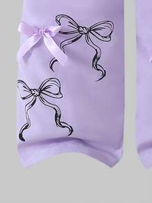 SHEIN Sparklyn 8-12岁女童可爱时尚休闲风白色圆领卫衣，粉色字母蝴蝶结印花，搭配粉色抽绳腰裤，两件套 - 紫色 - 查看 5