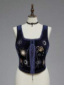 ROMWE EDITION Women's Witch Day Moon & Star Embroidered Velvet All-Match Fitted Tank Top - Royal Blue - View 1