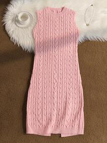 SHEIN 2pcs Girls Elegant Textured Knit Sweater Set, Pink Knit Long Sleeve Cardigan + Knit Round Neck Jumper Dress, Autumn/Winter - Pink - View 4