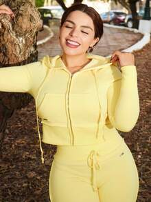Lupita Cardoza Áo khoác hoodie trơn thường ngày cho nữ có lót nhiệt, dáng vừa vặn cho mùa thu - Màu vàng - Xem 3