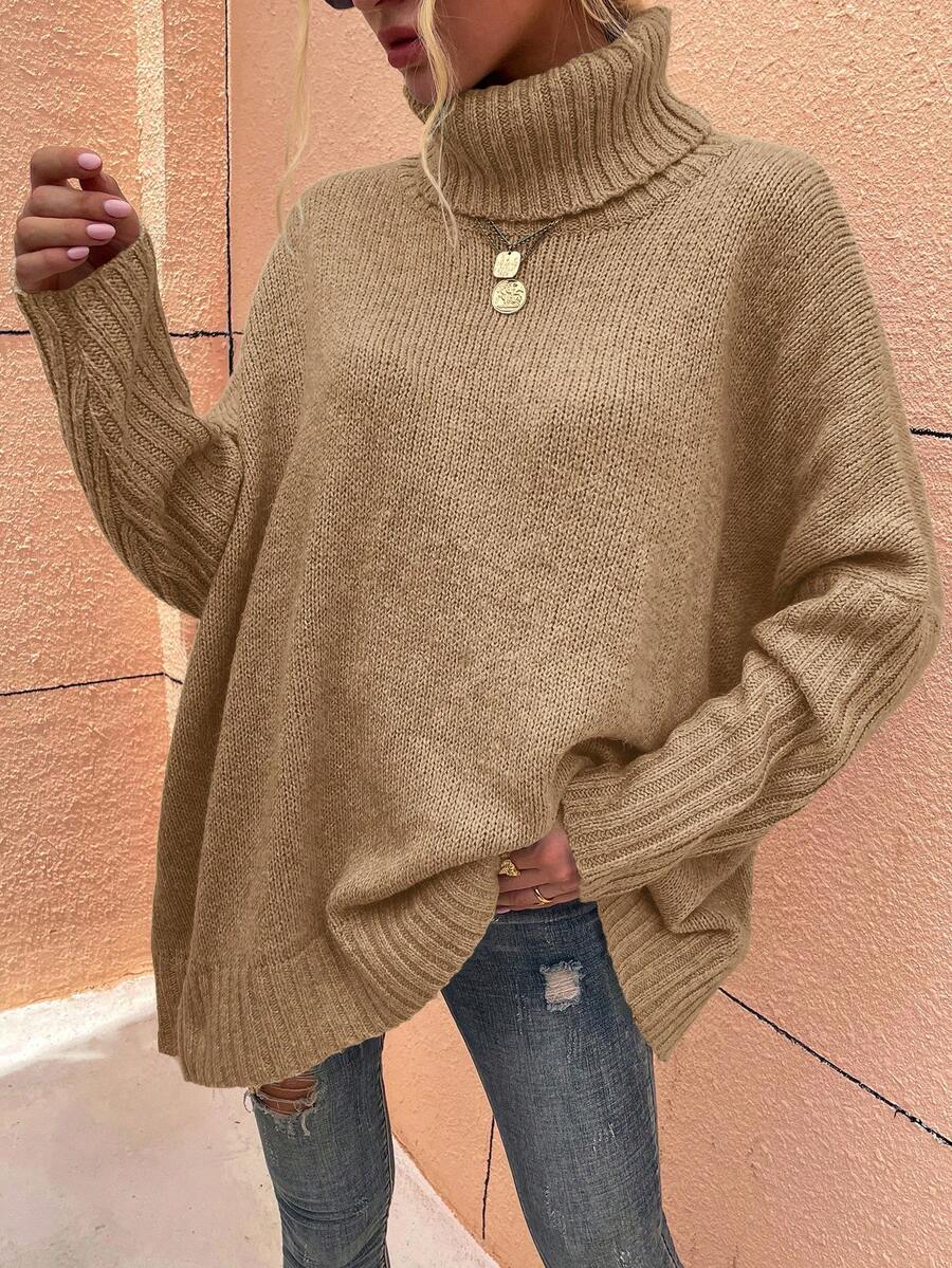 Chiquease 女士休闲高领纯色落肩宽松毛衣秋冬新年衣服 - 卡其色 - 查看 1