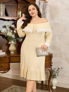 Côtesoire Plus Size Off Shoulder Lace Splice Long Sleeve Nightgown, French Romantic Elegant, Winter - Beige - View 6