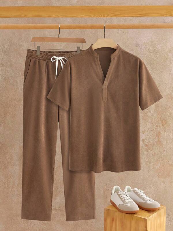 HIMLAND Conjunto de camisa polo de manga corta y pantalones de unicolor casual para hombre