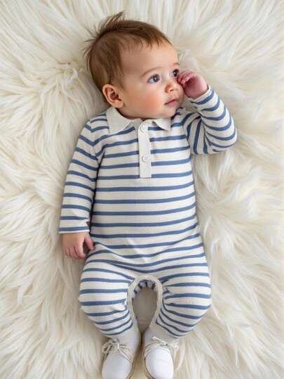 SHEIN Newborn Baby Girl Cute Striped Collar Long Sleeve Jumpsuit, Lightweight & Comfortable Summer Outfit