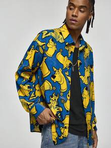 SCOOBY-DOO X SHEIN Men's Casual Dog Allover Print Button-Front Long Sleeve Shirt, Autumn - Navy Blue - View 5