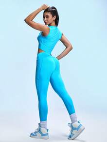 Dewbera Dewbera Women's Turquoise Blue Bow Decor Sports Tank Top & Leggings With Phone Pocket,Summer Athleisure Yoga Workout Set,Casual Pilates Gym Activewear Suits - Blue - View 2
