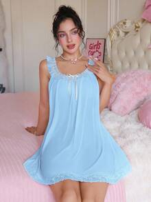 PetitDoll Women's Sweet & Sexy Lace Ruffle Hem Babydoll Dress With Bow & Floral Decor - Blue - View 5