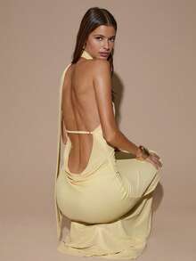 SHEIN BAE Women's Elegant Pale Yellow Summer Wedding Guest Dress, Halter Backless Asymmetric Ruched Maxi Dress For Party Cocktail Formal Bridesmaid Event - Light Yellow - View 7
