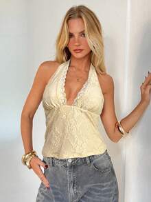 Aloruh 杏色蕾丝露背深V性感吊带背心 - 杏色 - 查看 7