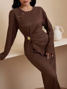 Veilorie 全新设计金属装饰腰部收紧褶皱优雅别致西装 - 棕色 - 查看 7