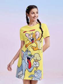TOM & JERRY X SHEIN 女士可爱卡通印花短袖睡衣连衣裙，休闲夏季款，哞哞睡裙 - 黃色 - 查看 8