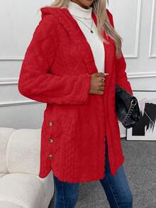 SHEIN LUNE Women's Solid Color Hooded Front Button Long Sleeve Regular Jacket, Autumn/Winter - Red - View 3