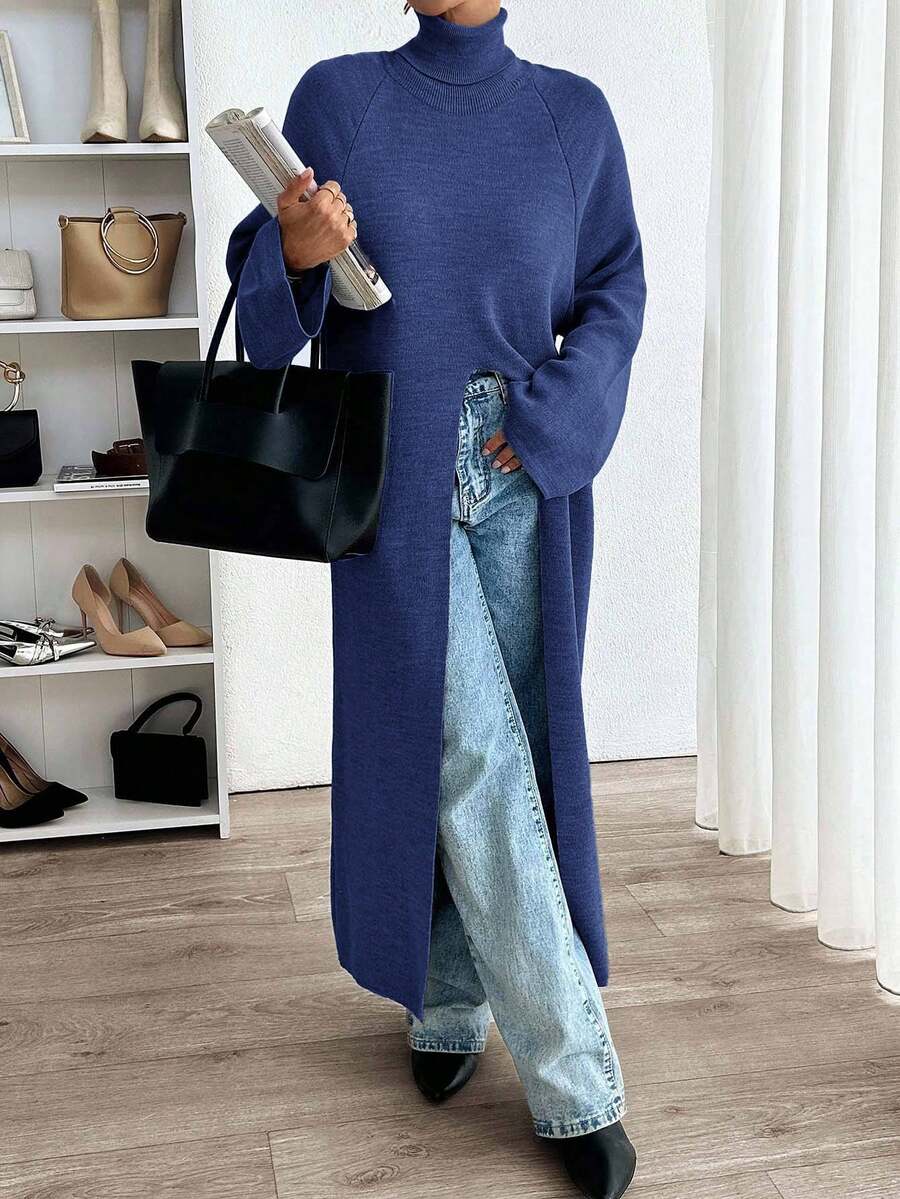 EURMUSE Maglione lungo casual da donna con collo alto e spacco profondo - Blu Navy - Visualizzare 1
