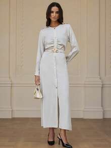 Chiquease Elegante vestido midi con volantes que ciñe la cintura y mangas largas, estilo de viaje, estética europea y estadounidense Ins - Beis - Ver 6