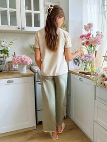 Snug Reverie Conjunto de pijama/ropa de estar en casa con top de manga corta abotonado y pantalones, con ribete acanalado para mujer - Verde - Ver 4