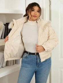 Lounesse Chaqueta larga de manga larga con cuello de piel texturizada en beige para mujer de talla grande, abrigo de moda de talla grande para otoño e invierno para mujeres - Beis - Ver 8