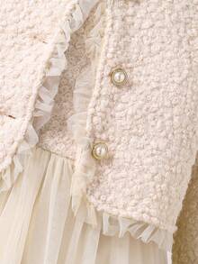 Sparklyn 女童薄纱荷叶边羊毛开衫背心和公主薄纱连衣裙套装，秋冬款 - 杏色 - 查看 7