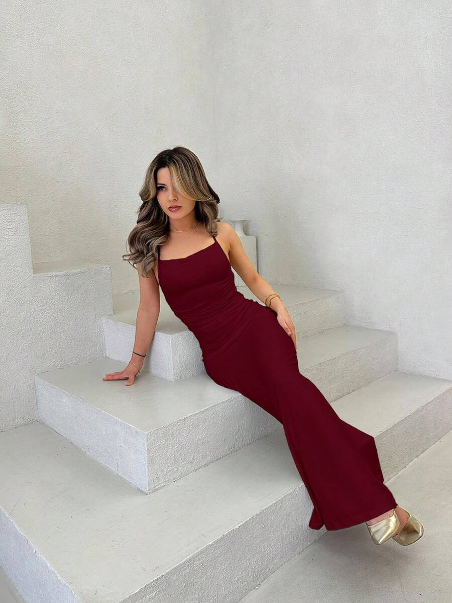 Jemour 优雅纯色性感露背系带设计无袖正式礼服女式海滩夏季连衣裙 - 酒紅色 - 查看 1