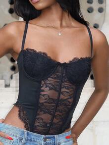 Mima John 女士夏季节日俱乐部服装性感 Y2K 音乐节蕾丝黑色修身紧身衣 - 黑色 - 查看 6