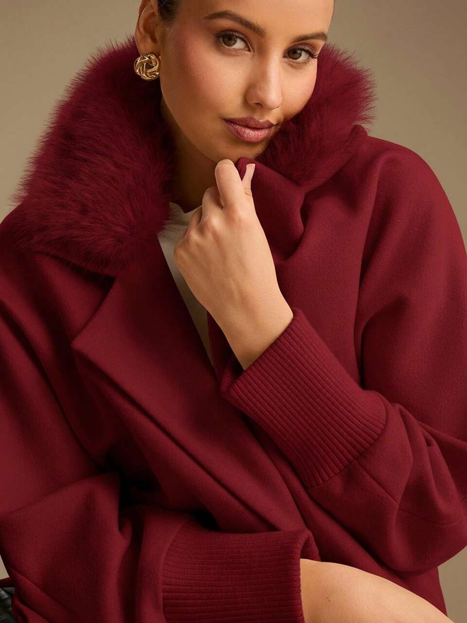 Enchnt Women's Elegant Burgundy Autumn Coat With Fur Collar,Belted Long Sleeves Winter Coat For Dinner Date,Christmas & New Year