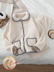 女童杏色长袖上衣和裤子蓬松格子撞色滚边睡衣套装 - 杏色 - 查看 5