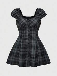 ROMWE Grunge Punk 撞色蕾丝泡泡袖收腰格子迷你连衣裙，适合大码女学生风格 - 黑色 - 查看 1