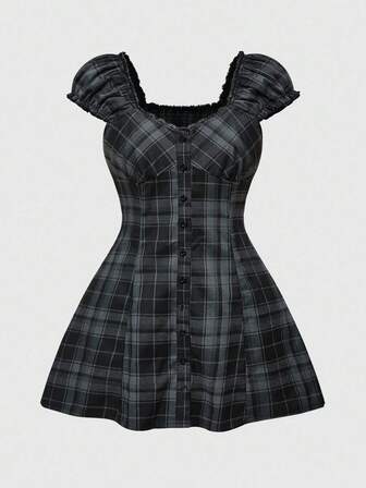 Grunge Punk Contrast Lace Puff Sleeve Cinched Waist Plaid Mini Dress For Plus Size Women, School Girl Style,Back To School