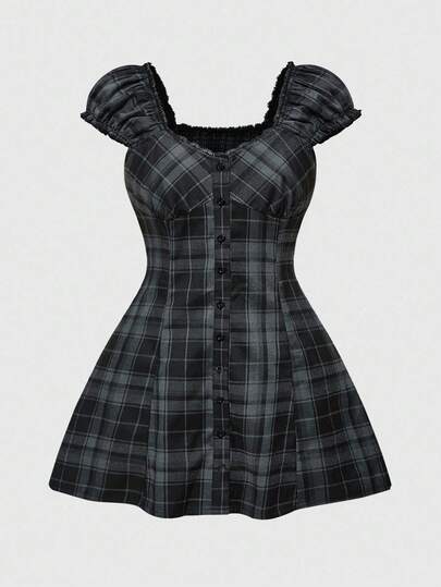Grunge Punk Contrast Lace Puff Sleeve Cinched Waist Plaid Mini Dress For Plus Size Women, School Girl Style,Back To School
