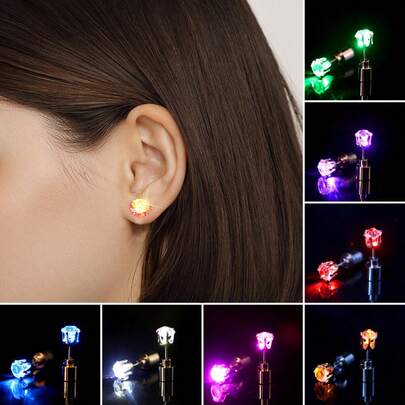 2 Pieces Of Multi-Color Earrings Party Sparkling Earrings, LED Luminous Earrings, Bright And Fashionable Earrings, Neutral Fashion Accessories, Suitable For Daily Activities, Halloween Parties, Night Outings, Festivals, Anniversary Decoration Gifts, (Including Batteries)
