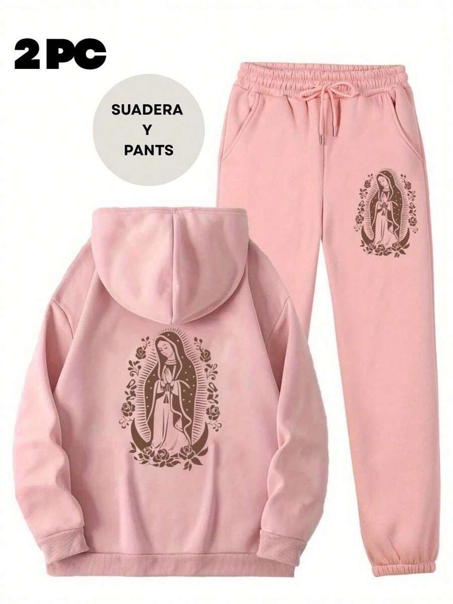 Mujer conjunto casual artístico estampado religioso diseño moderno tejido suave fit holgado capucha manga larga otoño invierno uso diario sudadera y pants - Rosa - Ver 1
