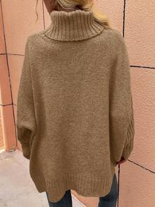 Chiquease 女士休闲高领纯色落肩宽松毛衣秋冬新年衣服 - 卡其色 - 查看 2