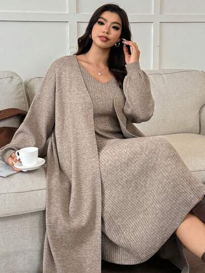 Dazy Plus 2 piezas Vestido de suéter largo sin mangas de cuello en V elegante, Conjunto de suéter largo tipo cárdigan suelto casual, Tallas grandes para mujer, Otoño/Invierno