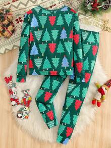 Boys' Comfortable Minimalist Christmas Tree Print Crew Neck Knit Fabric Long SleeveSnug Fitt Pajama Set - Green - View 2