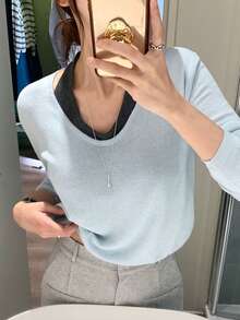 DAZY 1件镂空设计露背显瘦优雅针织毛衣（女款） - 藍色 - 查看 8