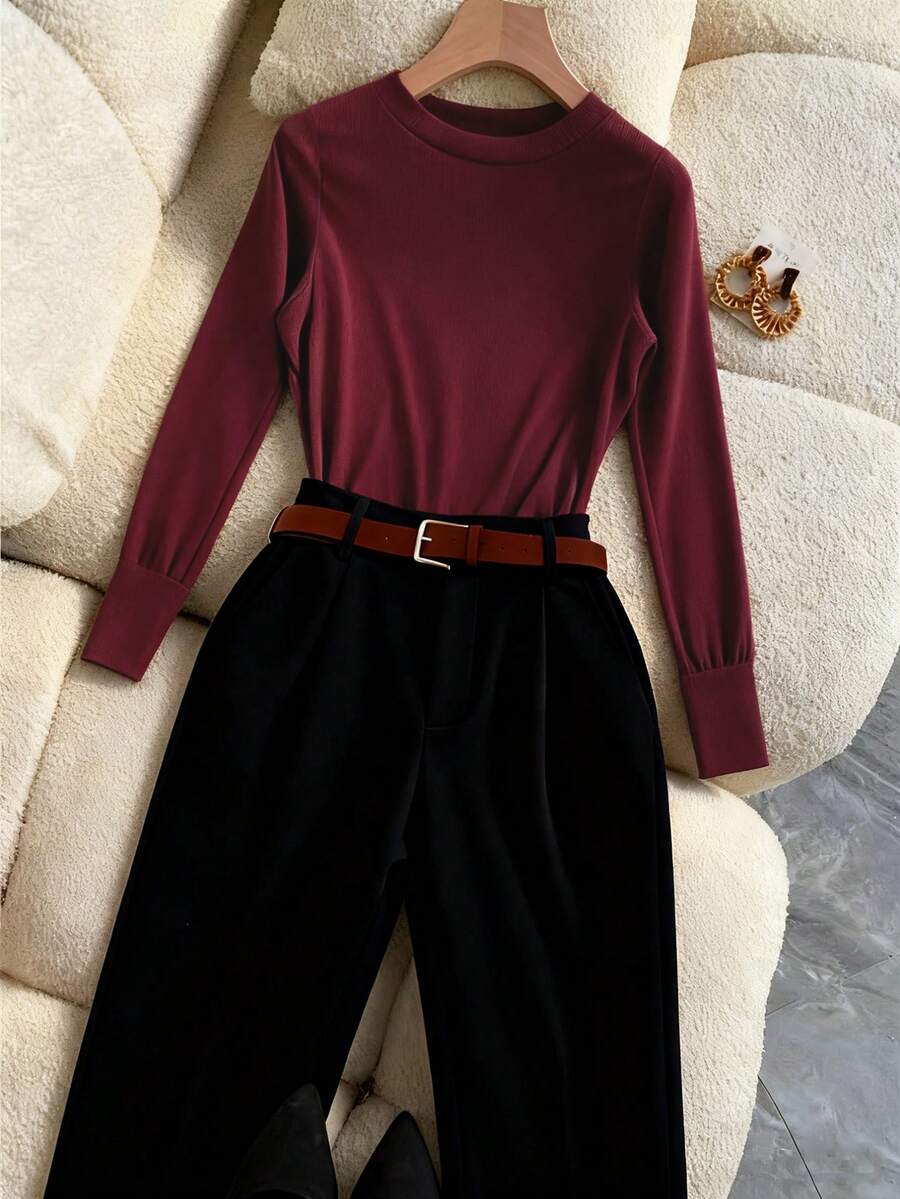 SHEIN LUNE 2 piezas Conjunto de top acanalado y pantalones de unicolor de alta calidad y estilo casual para mujer, primavera/otoño - Multicolor - Ver 1