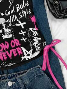 Attitoon Women's Casual Drawstring Tie-Front Cropped Camisole Top, Vintage/Grunge Style Skull & Graffiti Print, Suitable For Y2K - Multicolor - View 7