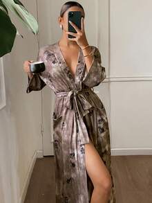 DAZY 中国风扎染女长袍 - 棕色 - 查看 6