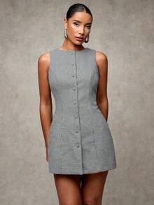 SHEIN BAE Vestido mini casual de mujer con cuello redondo, sin mangas y botones frontales, a cuadros, adecuado para la oficina, fiestas, ir al trabajo y uso diario, para otoño/invierno - Negro - Ver 5