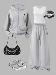 Conjunto de 3 piezas de ropa casual para adolescentes, que incluye sudadera con capucha y cremallera con estampado de caballo, top blanco de tirantes y pantalones rectos de cintura elástica, para otoño
