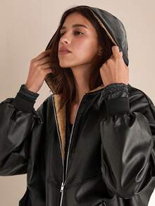 Easelle 女式秋冬黑色连帽皮夹克，天鹅绒衬里，保暖