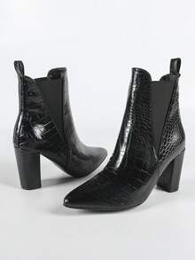 CUCCOO BIZCHIC 时尚鳄鱼纹压花通勤百搭女士黑色高跟中筒靴，粗跟踝靴，秋冬新款套穿踝靴，尖头舒适切尔西靴（不对称纹理，随机发货） - 黑色 - 查看 5