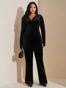 SHEIN Tall CURVE Plus Size Casual Minimalist Solid Color Velvet Slim Fit Jumpsuit For Autumn/Winter - Black - View 6