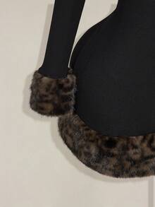 SHEIN ICON 大码女式秋冬罗纹拼接豹纹仿皮草修身黑色迷你连衣裙 - 黑色 - 查看 7