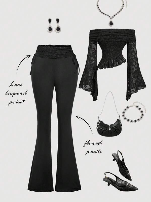 SHEIN MOD Leopard Print Lace Waist Pleated Slim Fit Retro Flare Pants, Women Long Trousers Black Flare Pants Flared Pants Bell Bottom Pants Lace Up Pants Winter Clothes For Women Black Pants