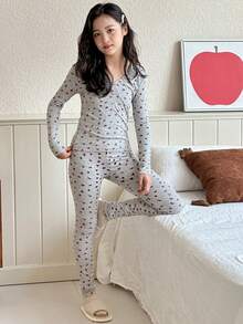 Dazy Kids Tween Girls V-Neck Ditsy Floral Knit Top And Pants Loungewear Set, Autumn - Grey - View 5