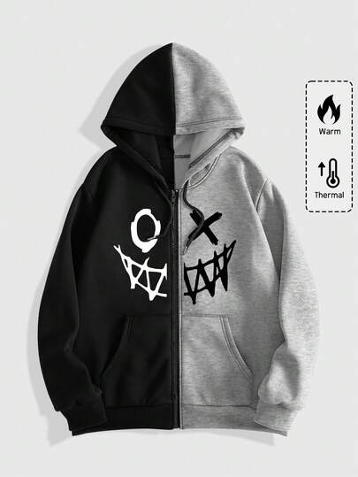 Street Life Sudadera con capucha casual de hombre con estampado de bloques de color, otoño/invierno